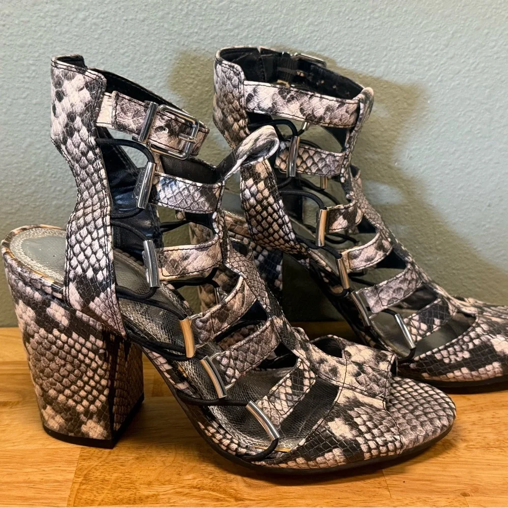 Gianni Bini Black & White Snake-Print Strappy Block Heels